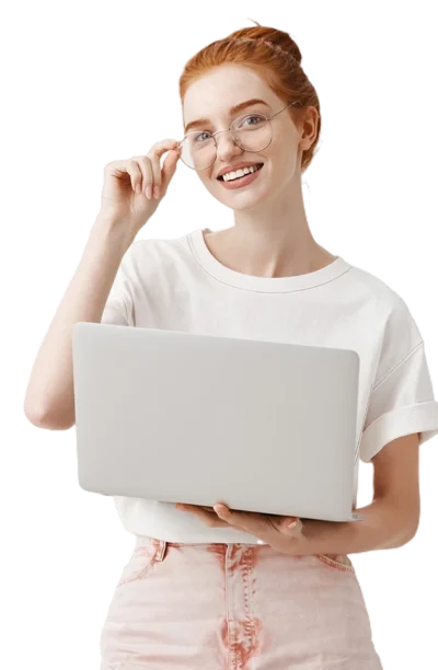 girl glasses notebook smile